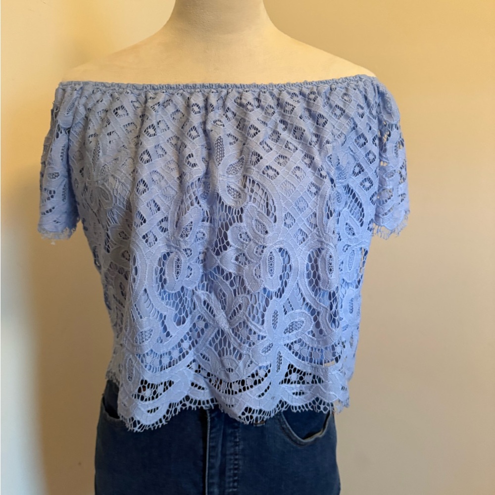 Express Sky Blue Lace Off-Shoulder Blouse
